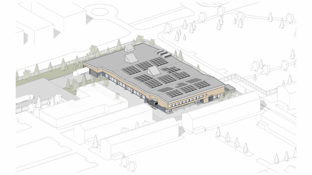 Modell av nytt forpleiningsbygg på Terningmoen leir Illustrasjon Asplan Viak Forsvarbygg