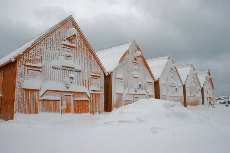 Gule trehus dekket av snø i et vinterlandskap under en overskyet himmel.