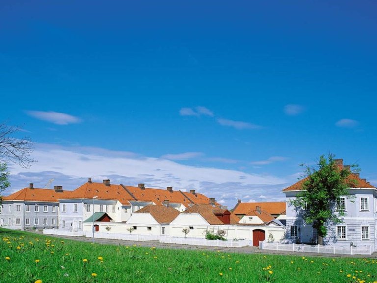 Bilde av hvite bygninger og rødt tak, ordnet i en ryddig rekkefølge, med blå himmel og gress med gule blomster i forgrunnen.
